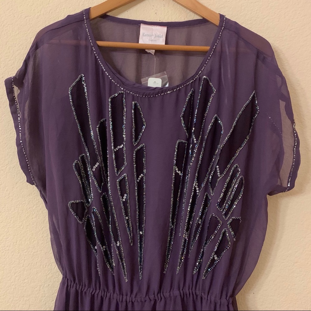Romeo & Juliet Couture Puple Beaded Sheer Dress - Picture 6 of 14